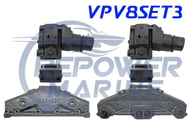Exhaust Manifold, Riser & 3" Extension Set for Volvo Penta 5.0L, 5.7L V8